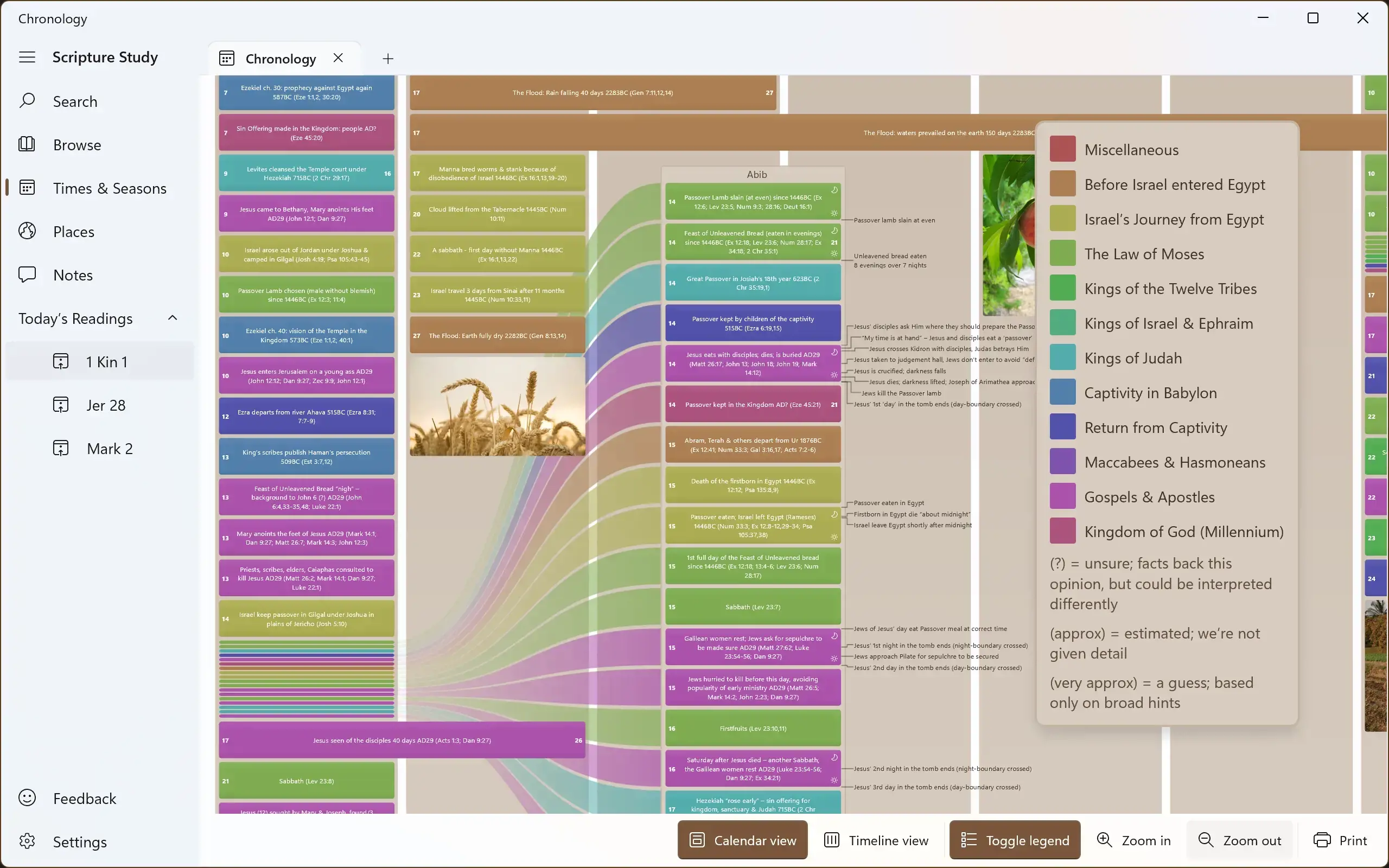 Screenshot showing a calendar view of Bible events