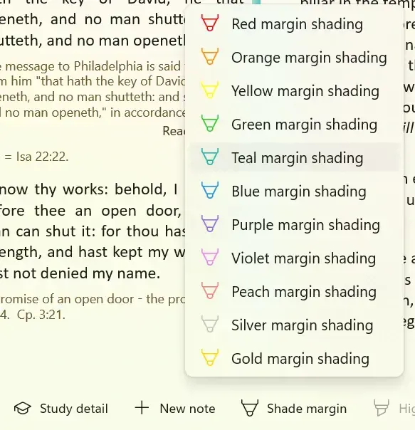 Screenshot showing a list of colours in the margin shading command menu