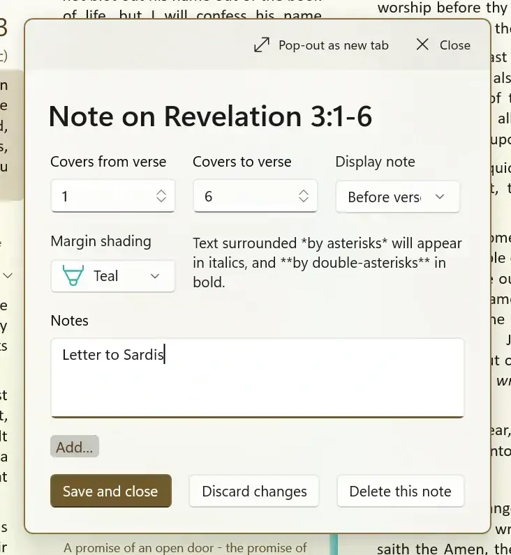 Screenshot showing the note editor with text entered