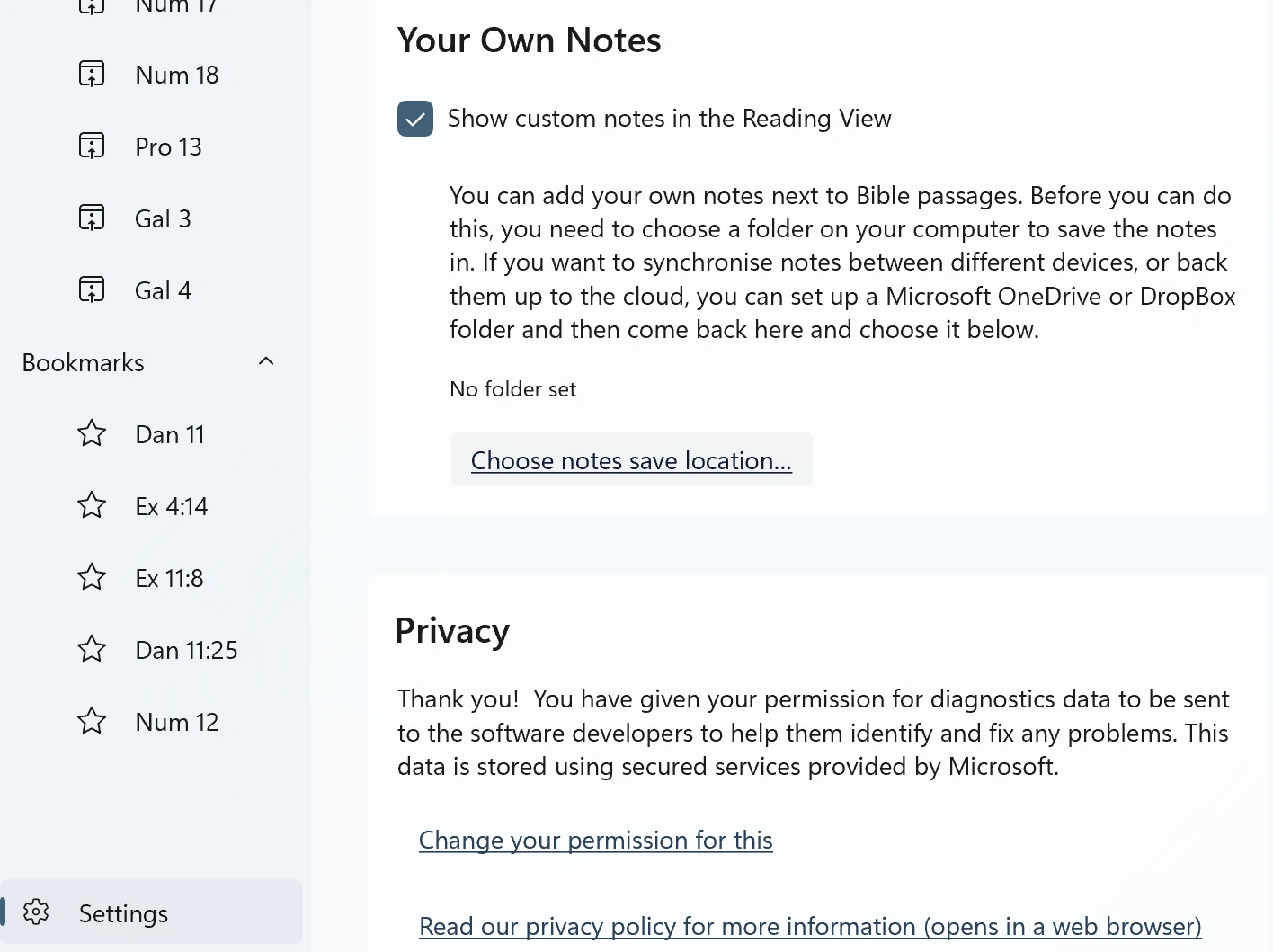 Your Own Notes section of Settings