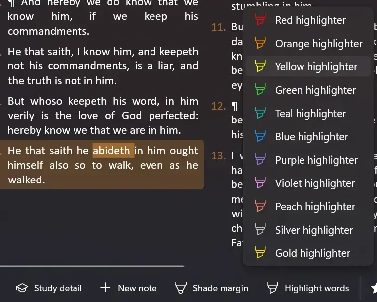 Screenshot showing the word highlighter menu