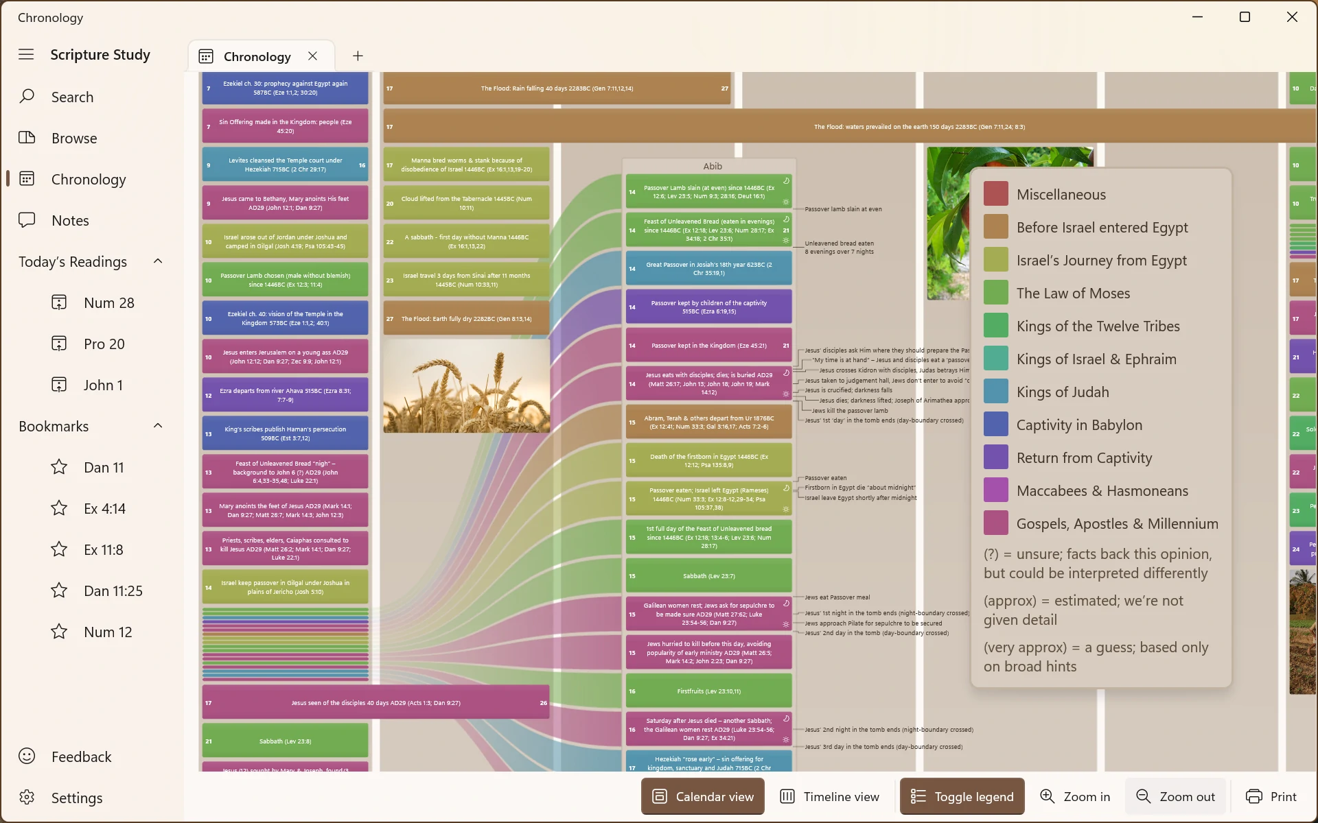 Screenshot showing a calendar view of Bible events