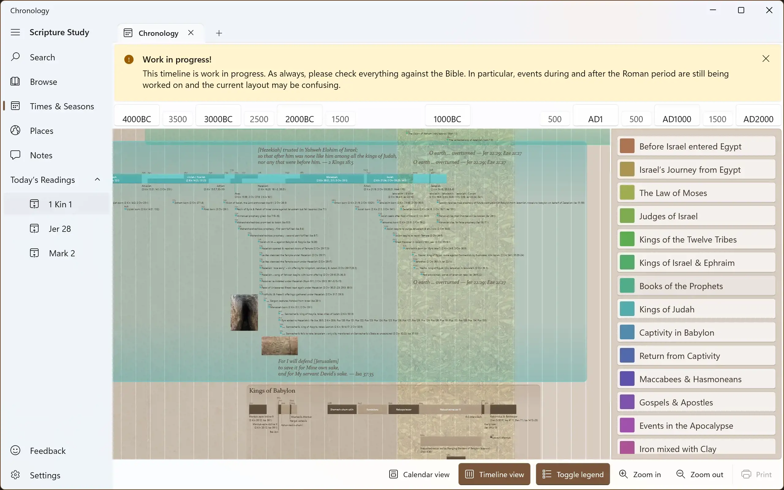 Screenshot showing part of the Timeline view of events in the Bible
