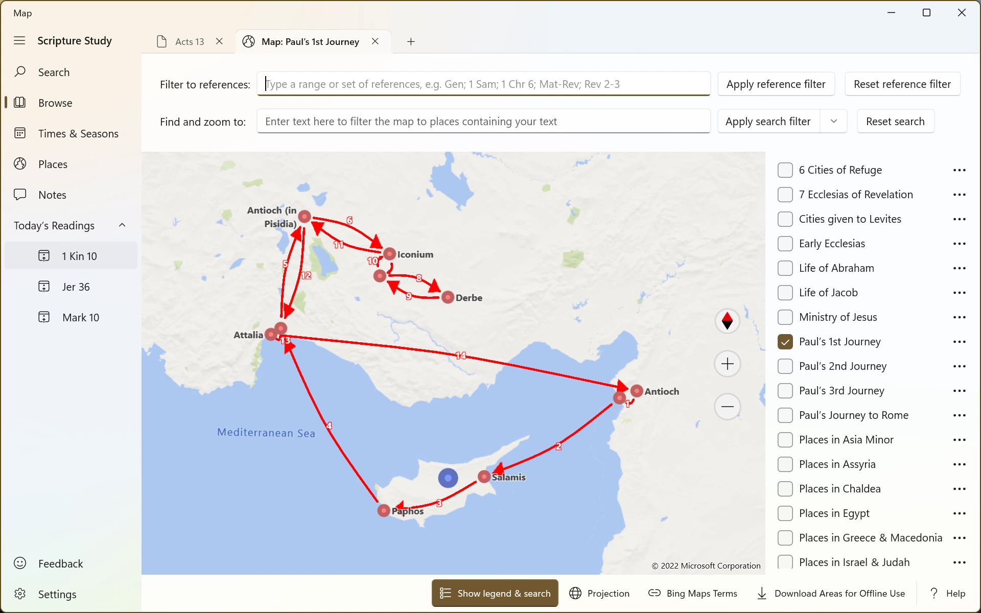 Screenshot showing a map of Paul's first journey