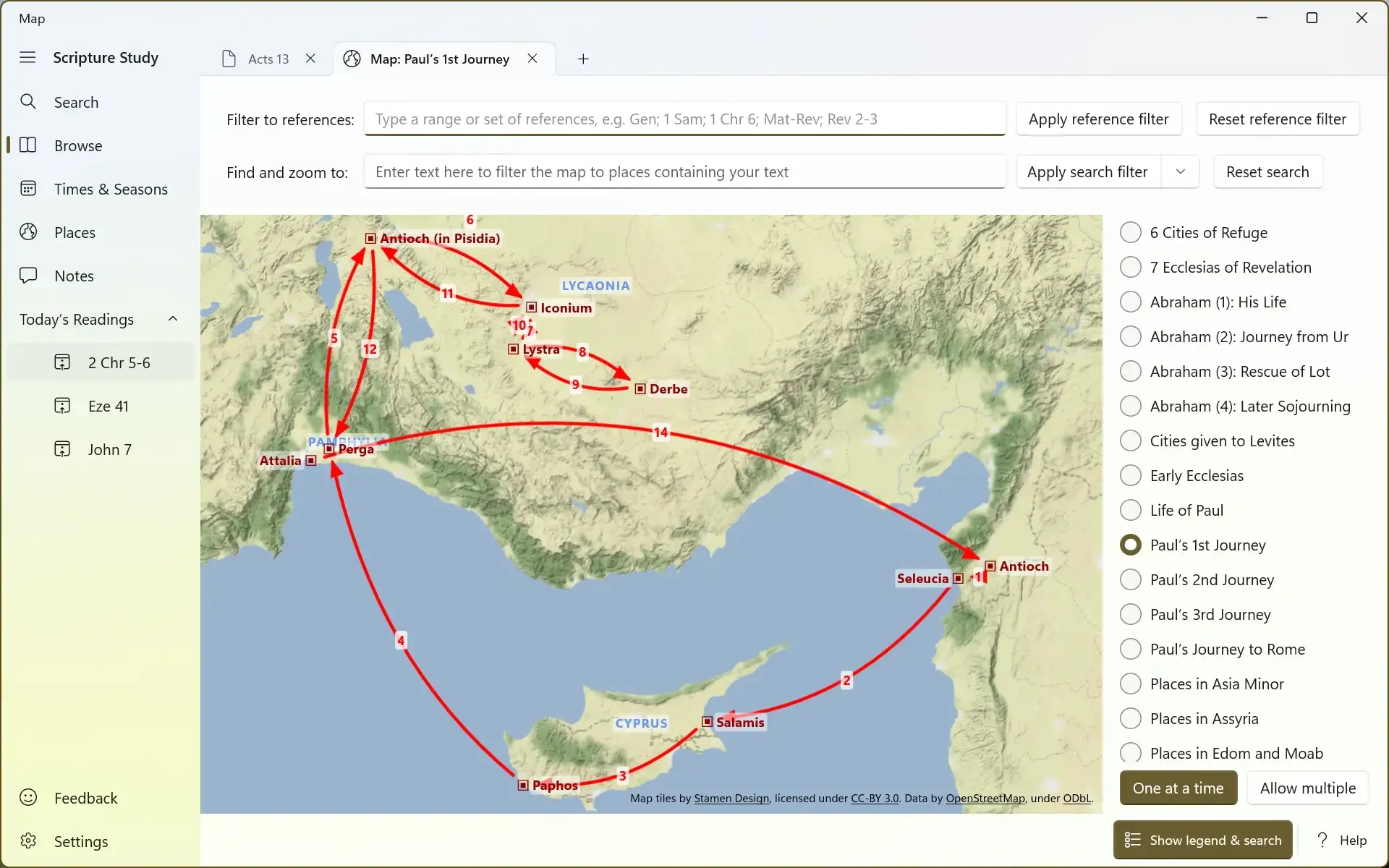 Screenshot showing a map of Paul's first journey
