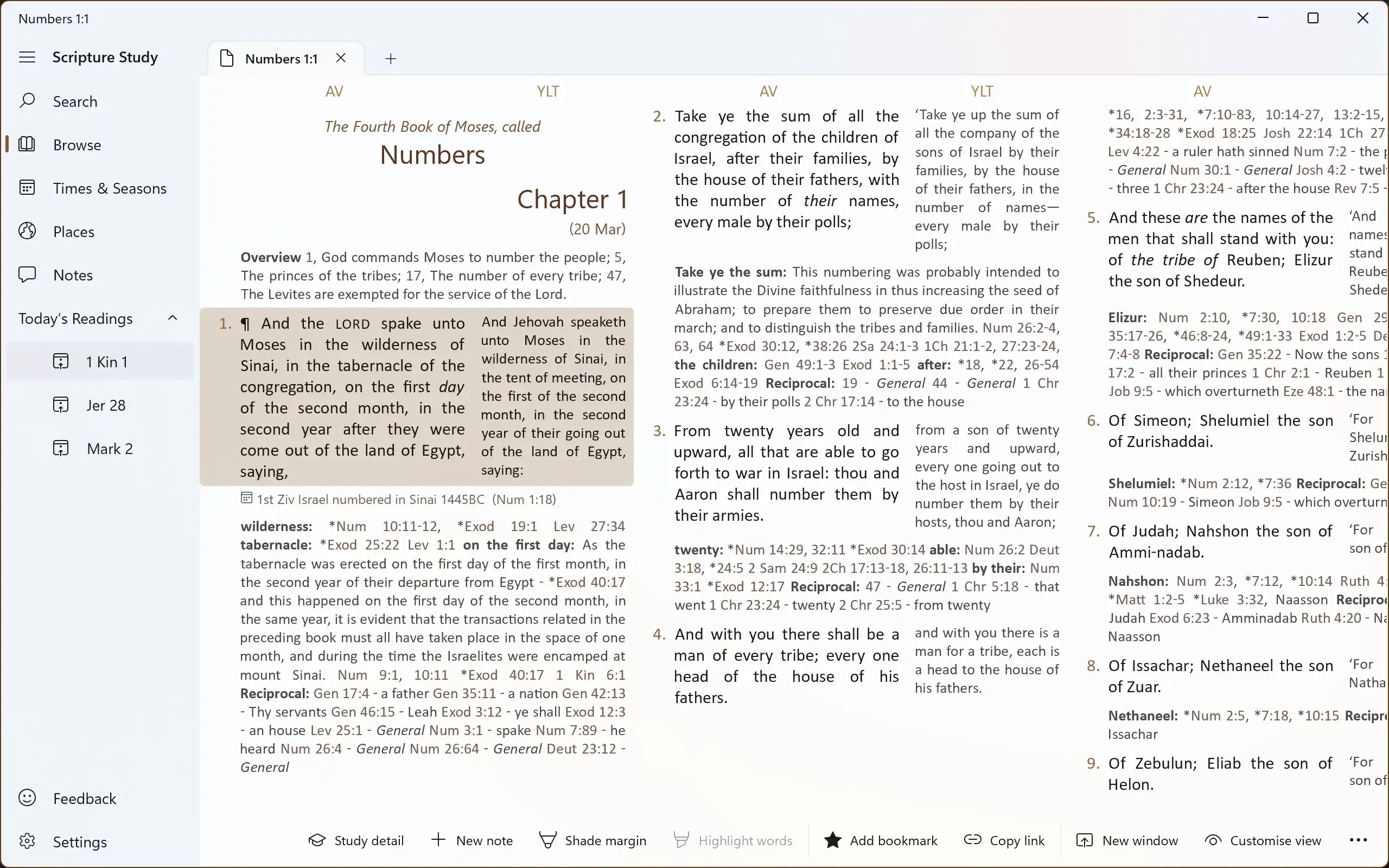 Screenshot showing both the Authorised Version and Young's Literal Translation as separate columns of text along with notes from the Treasury of Scripture Knowledge