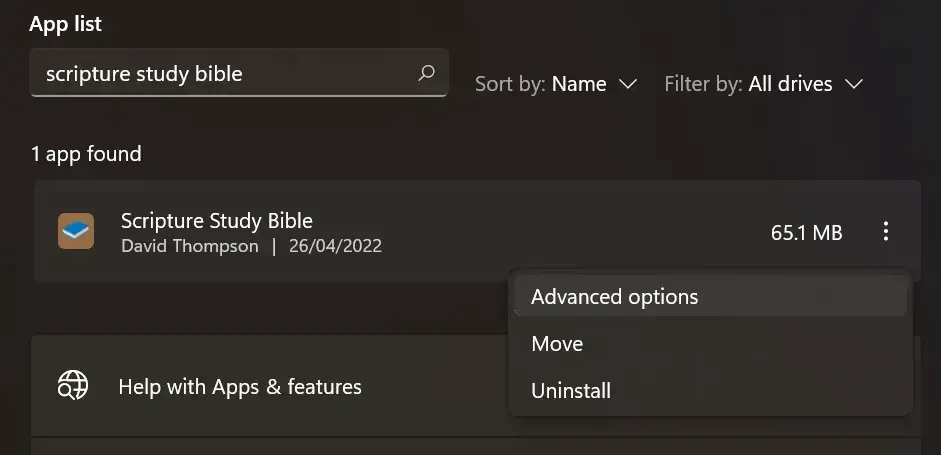 Screenshot showing the Advanced Options menu option