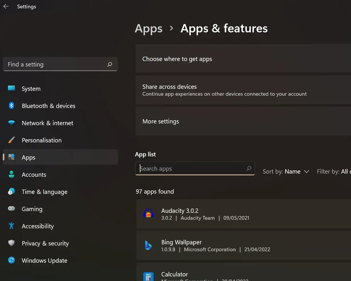 Screenshot showing the Apps and Features page of Windows 11 Settings